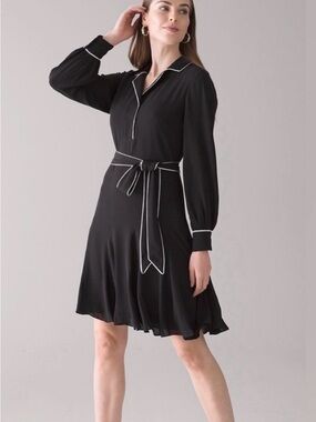 Whitehouse Blackmarket Black Contrast-Trim Long Sleeve Dress